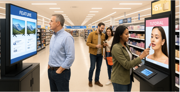 Modern retail store with digital signage and a shopper using an interactive kiosk
